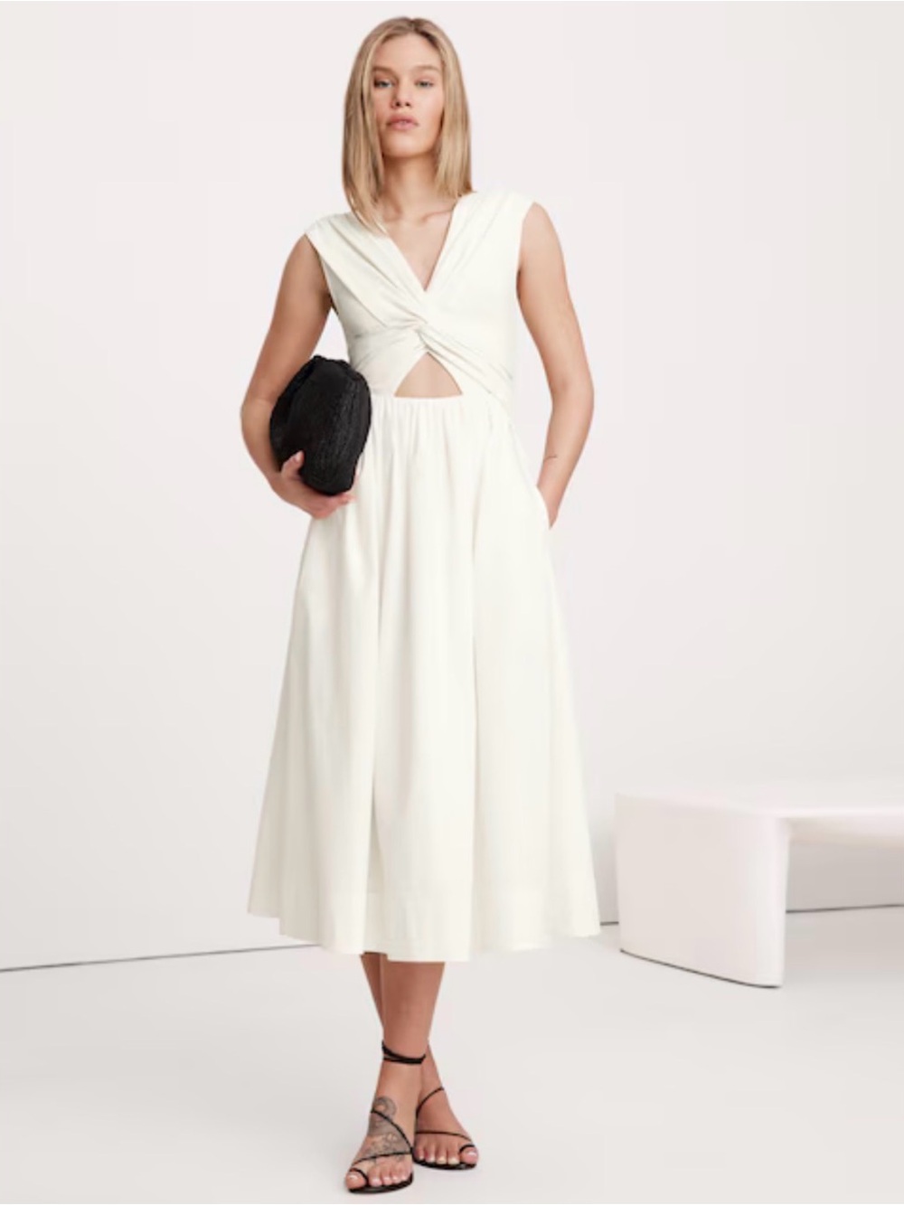 White Twist-Front Midi Dress